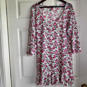 Betsey Johnson Size L Pink Floral Crochet Bell Sleeve Boho Ruffle Mini Dress